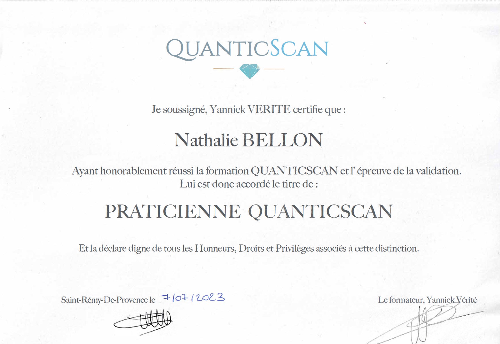 DIPLOME de formation QUANTICSCAN  délivré par  YANNICK VERITE